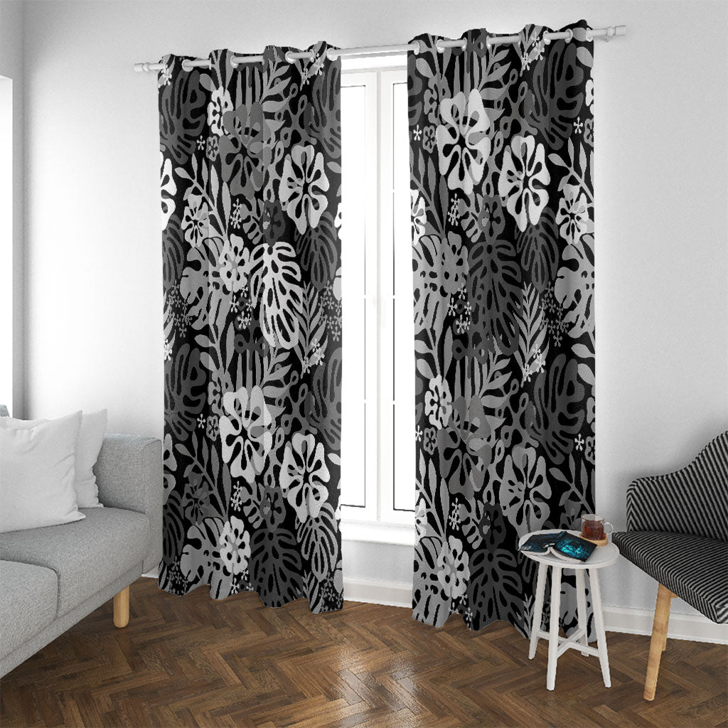 Black Aloha Hawaiian Window Curtain Monstera Hibiscus Tropical Pattern