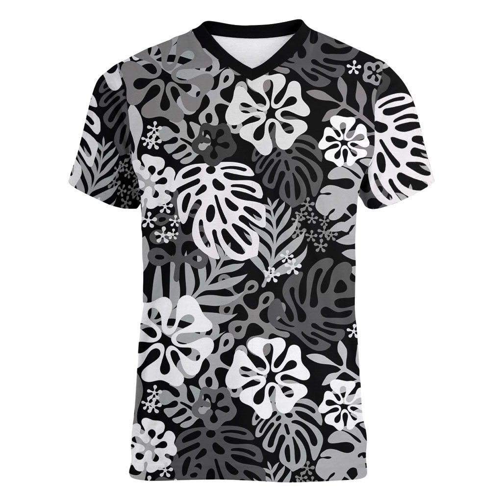 Black Aloha Hawaiian Women V-Neck T-Shirt Monstera Hibiscus Tropical Pattern