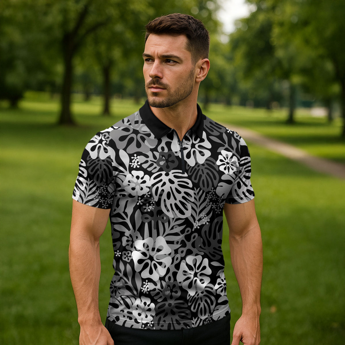 Black Aloha Hawaiian Zipper Polo Shirt Monstera Hibiscus Tropical Pattern