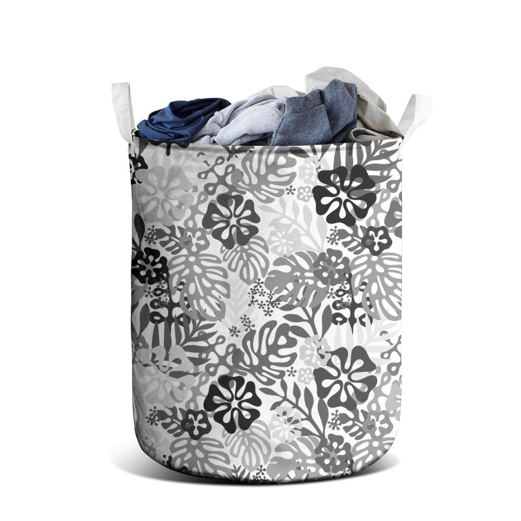 White Aloha Hawaiian Laundry Basket Monstera Hibiscus Tropical Pattern