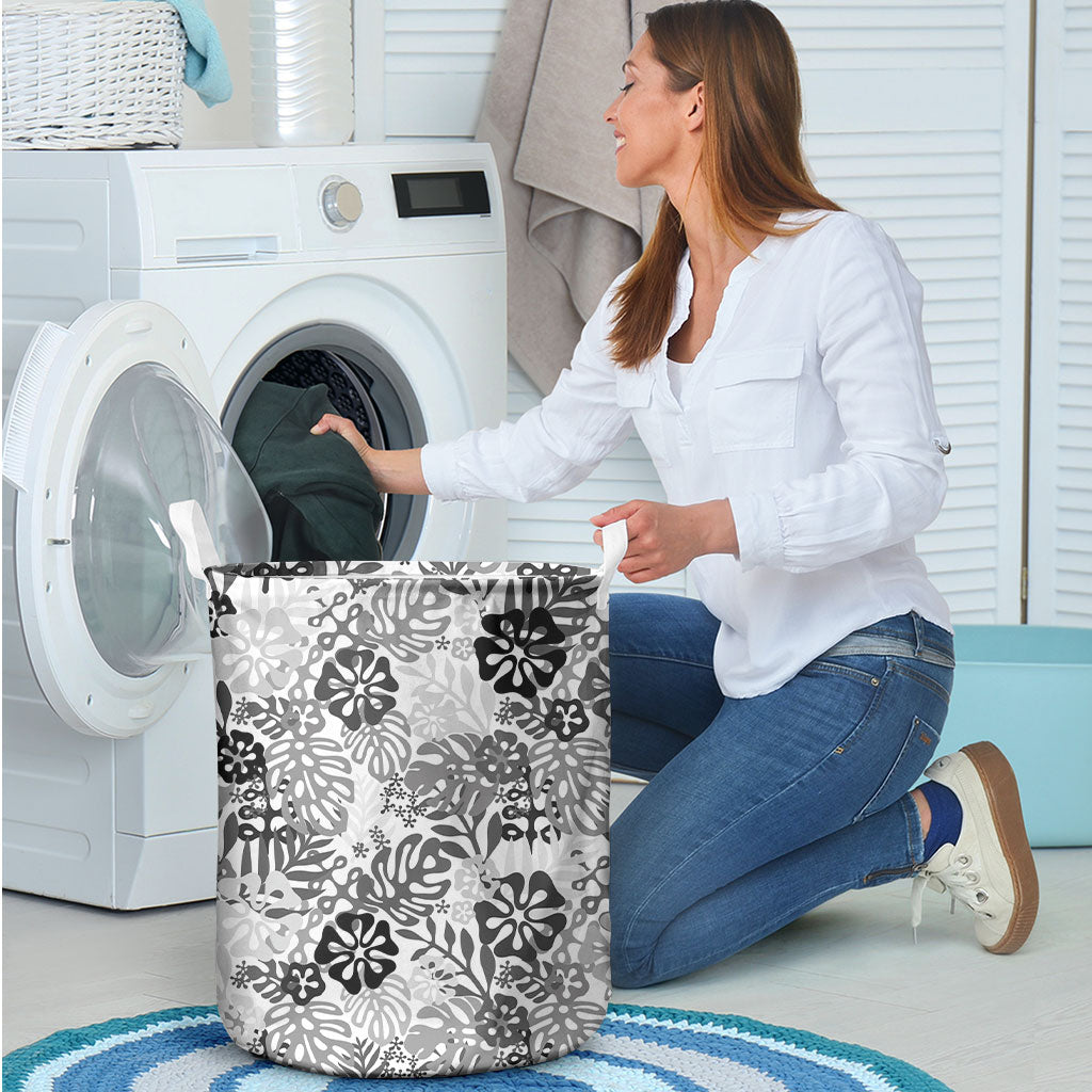White Aloha Hawaiian Laundry Basket Monstera Hibiscus Tropical Pattern