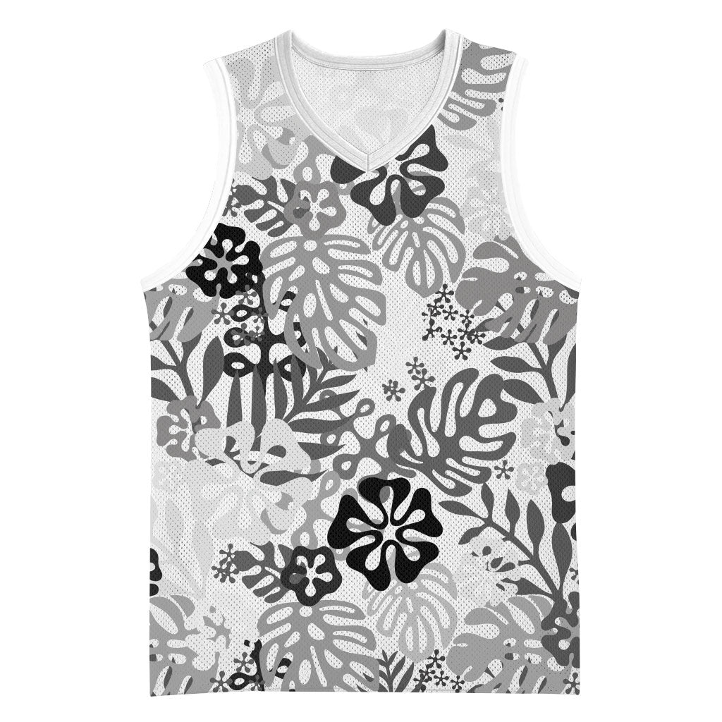 White Aloha Hawaiian Basketball Jersey Monstera Hibiscus Tropical Pattern