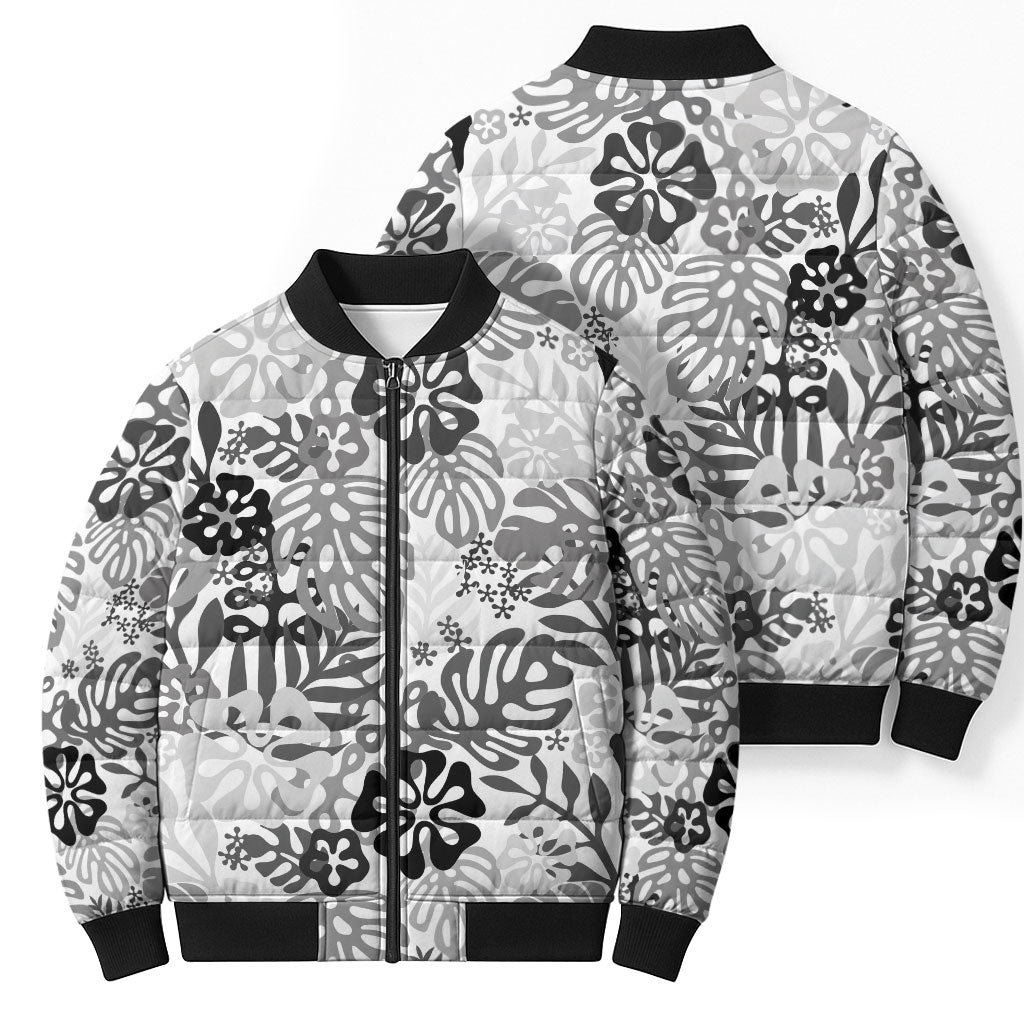 White Aloha Hawaiian Bomber Puffer Jacket Monstera Hibiscus Tropical Pattern