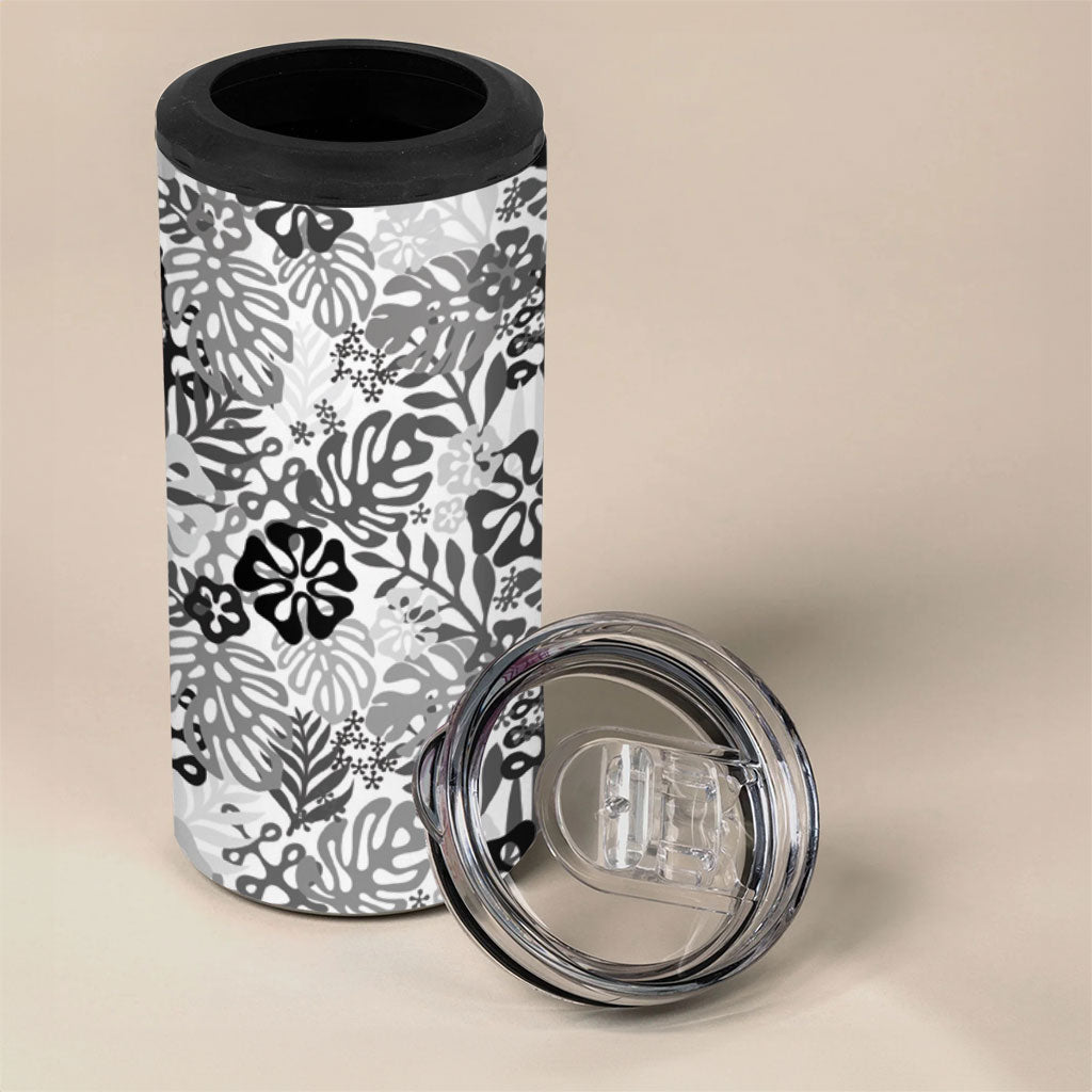 White Aloha Hawaiian 4 in 1 Can Cooler Tumbler Monstera Hibiscus Tropical Pattern