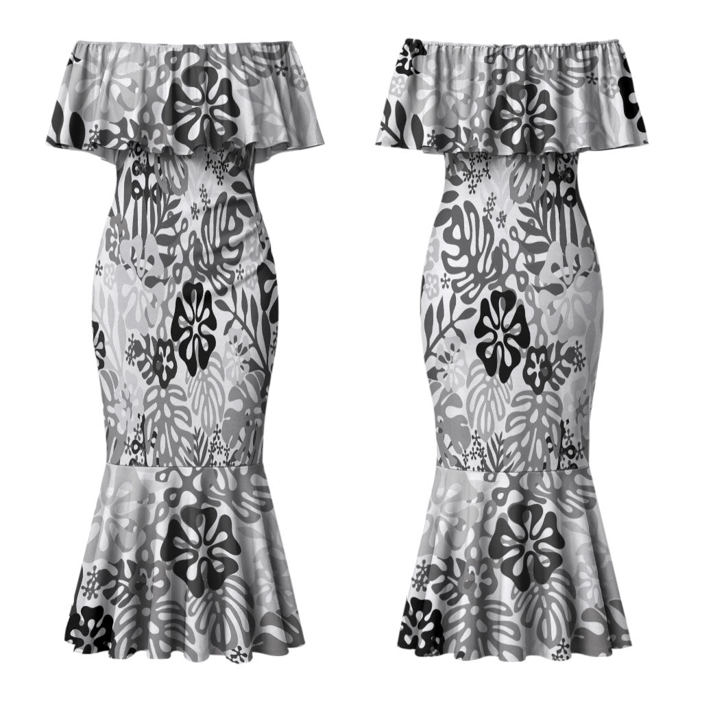 White Aloha Hawaiian Couples Matching Mermaid Dress and Long Sleeve Button Shirt Monstera Hibiscus Tropical Pattern