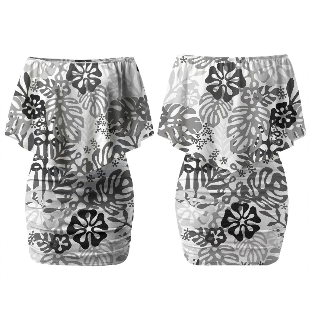 White Aloha Hawaiian Couples Matching Off Shoulder Short Dress and Hawaiian Shirt Monstera Hibiscus Tropical Pattern