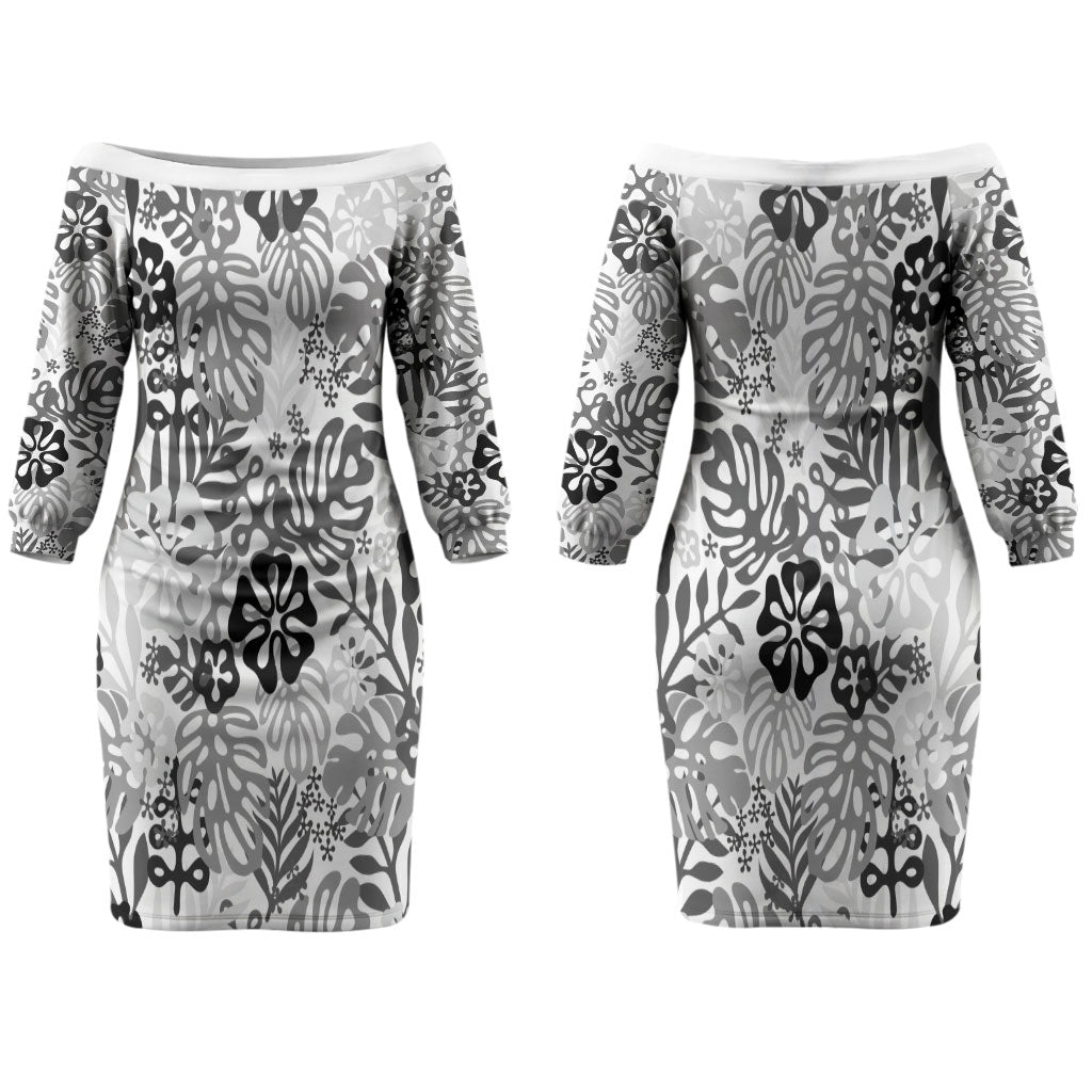 White Aloha Hawaiian Couples Matching Off The Shoulder Long Sleeve Dress and Long Sleeve Button Shirt Monstera Hibiscus Tropical Pattern