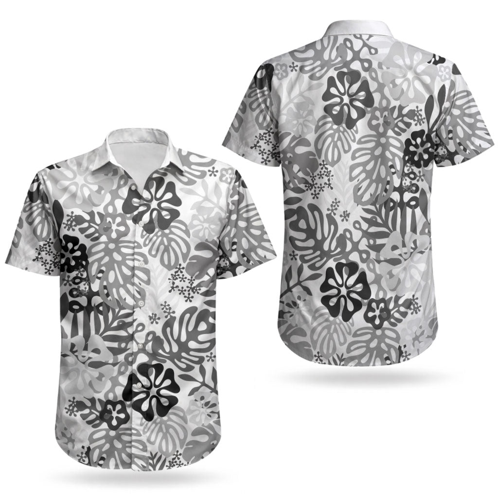 White Aloha Hawaiian Couples Matching Puletasi and Hawaiian Shirt Monstera Hibiscus Tropical Pattern