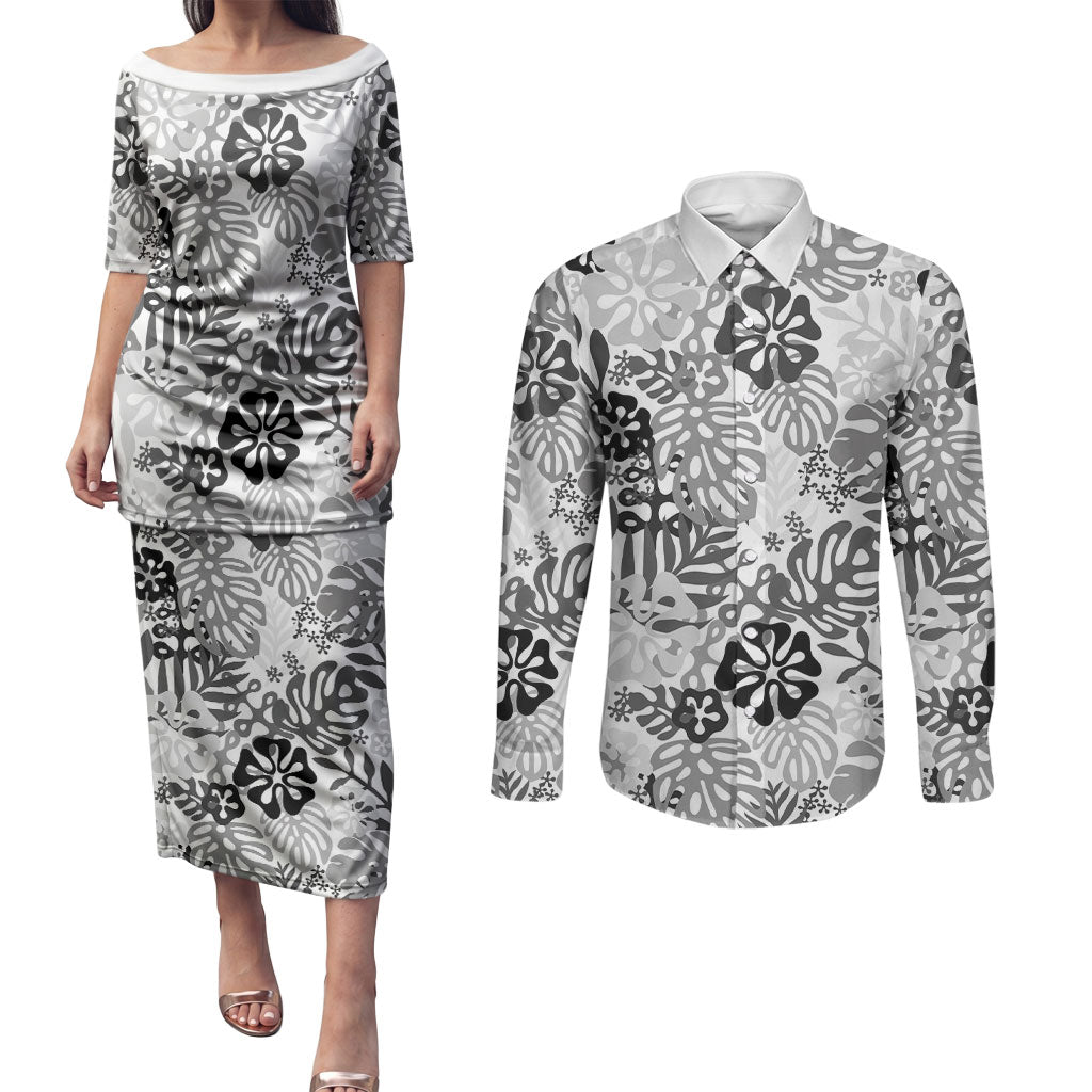 White Aloha Hawaiian Couples Matching Puletasi and Long Sleeve Button Shirt Monstera Hibiscus Tropical Pattern