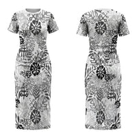White Aloha Hawaiian Couples Matching Short Sleeve Bodycon Dress and Hawaiian Shirt Monstera Hibiscus Tropical Pattern