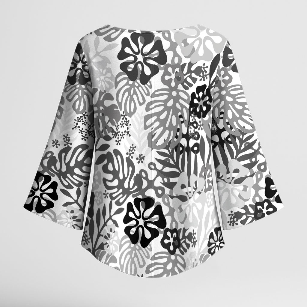 White Aloha Hawaiian Kimono Sleeve Blouse Monstera Hibiscus Tropical Pattern