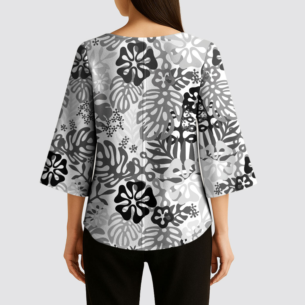 White Aloha Hawaiian Kimono Sleeve Blouse Monstera Hibiscus Tropical Pattern