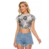 White Aloha Hawaiian Raglan Cropped T Shirt Monstera Hibiscus Tropical Pattern