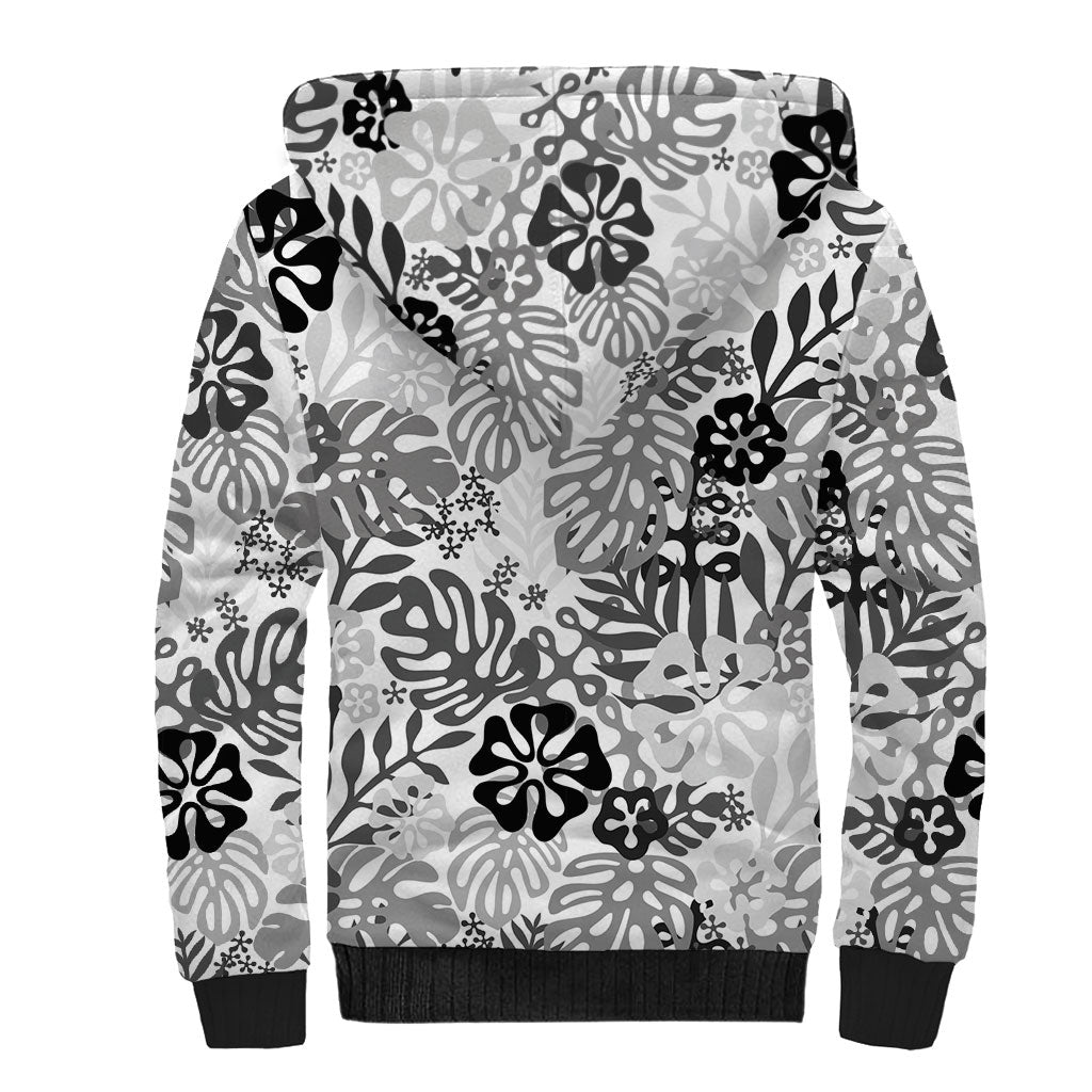 White Aloha Hawaiian Sherpa Hoodie Monstera Hibiscus Tropical Pattern