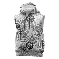 White Aloha Hawaiian Sleeveless Hoodie Monstera Hibiscus Tropical Pattern