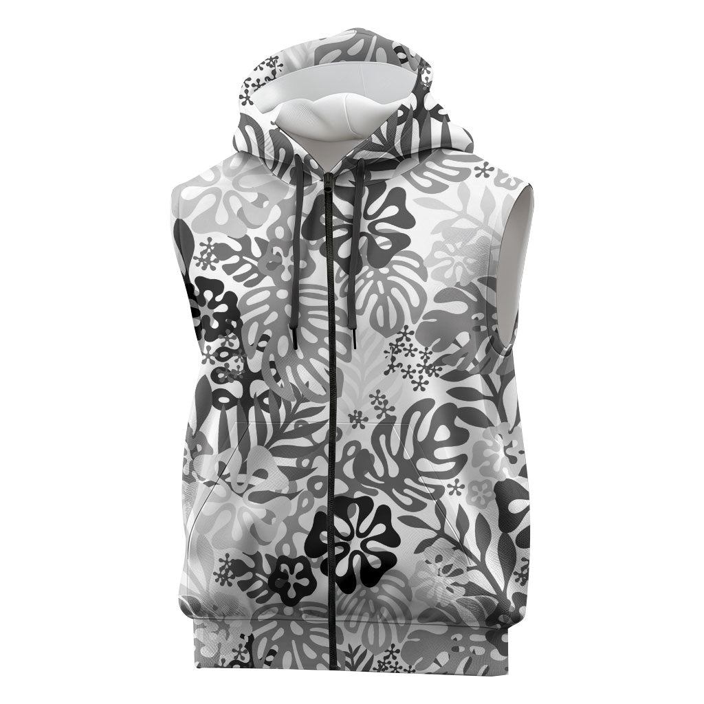 White Aloha Hawaiian Sleeveless Zip Hoodie Monstera Hibiscus Tropical Pattern