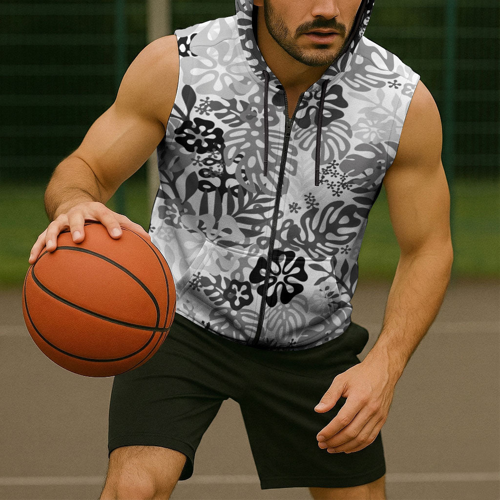 White Aloha Hawaiian Sleeveless Zip Hoodie Monstera Hibiscus Tropical Pattern