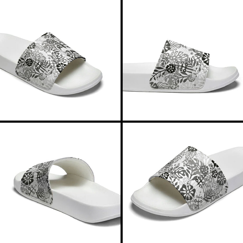 White Aloha Hawaiian Slide Sandals Monstera Hibiscus Tropical Pattern