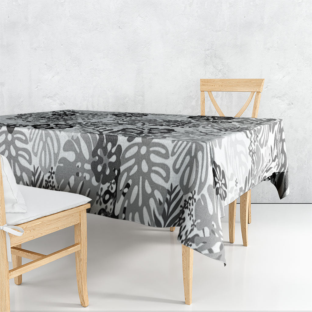 White Aloha Hawaiian Tablecloth Monstera Hibiscus Tropical Pattern