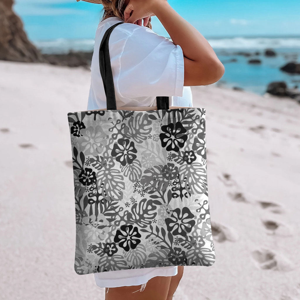 White Aloha Hawaiian Tote Bag Monstera Hibiscus Tropical Pattern