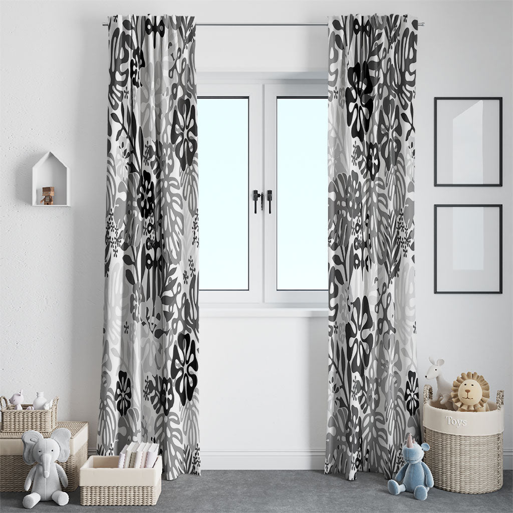 White Aloha Hawaiian Window Curtain Monstera Hibiscus Tropical Pattern