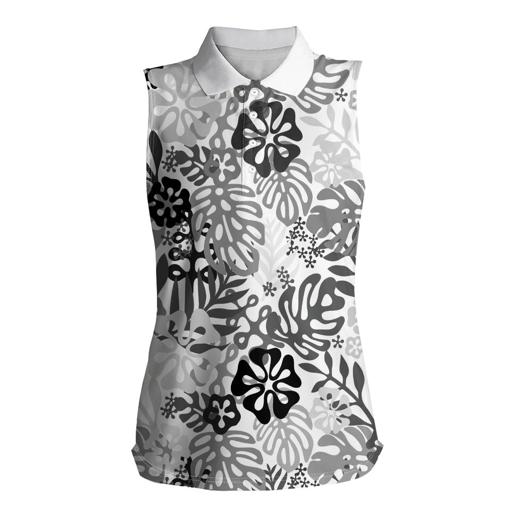White Aloha Hawaiian Women Sleeveless Polo Shirt Monstera Hibiscus Tropical Pattern