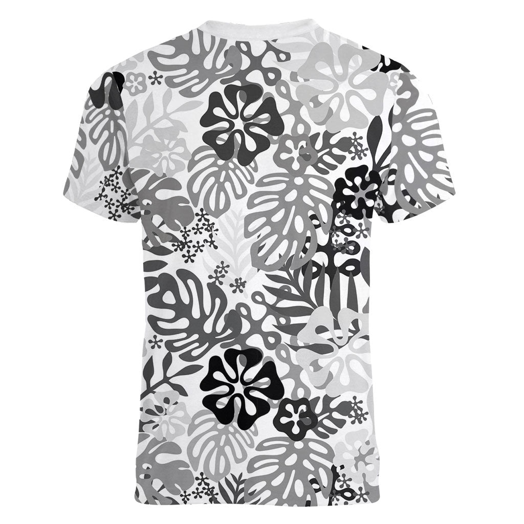 White Aloha Hawaiian Women V-Neck T-Shirt Monstera Hibiscus Tropical Pattern