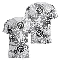 White Aloha Hawaiian Women V-Neck T-Shirt Monstera Hibiscus Tropical Pattern