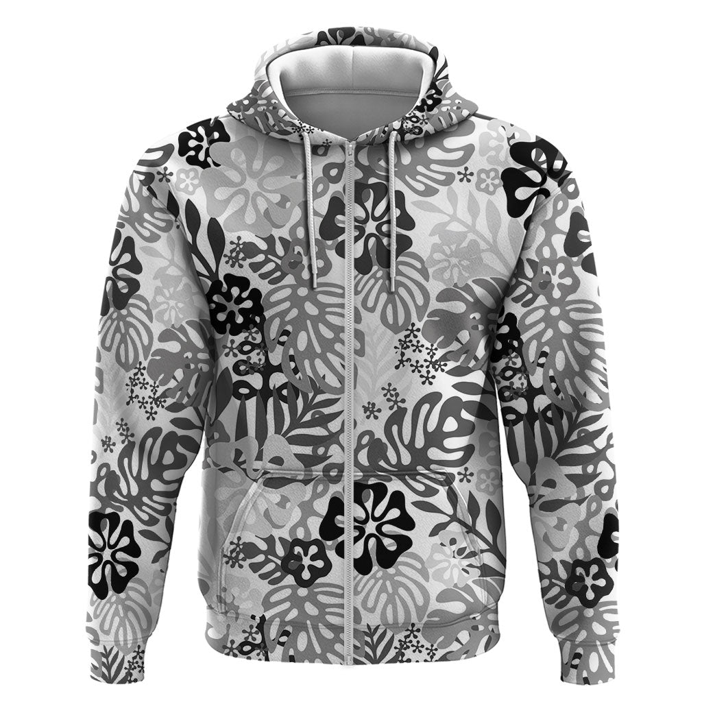 White Aloha Hawaiian Zip Hoodie Monstera Hibiscus Tropical Pattern