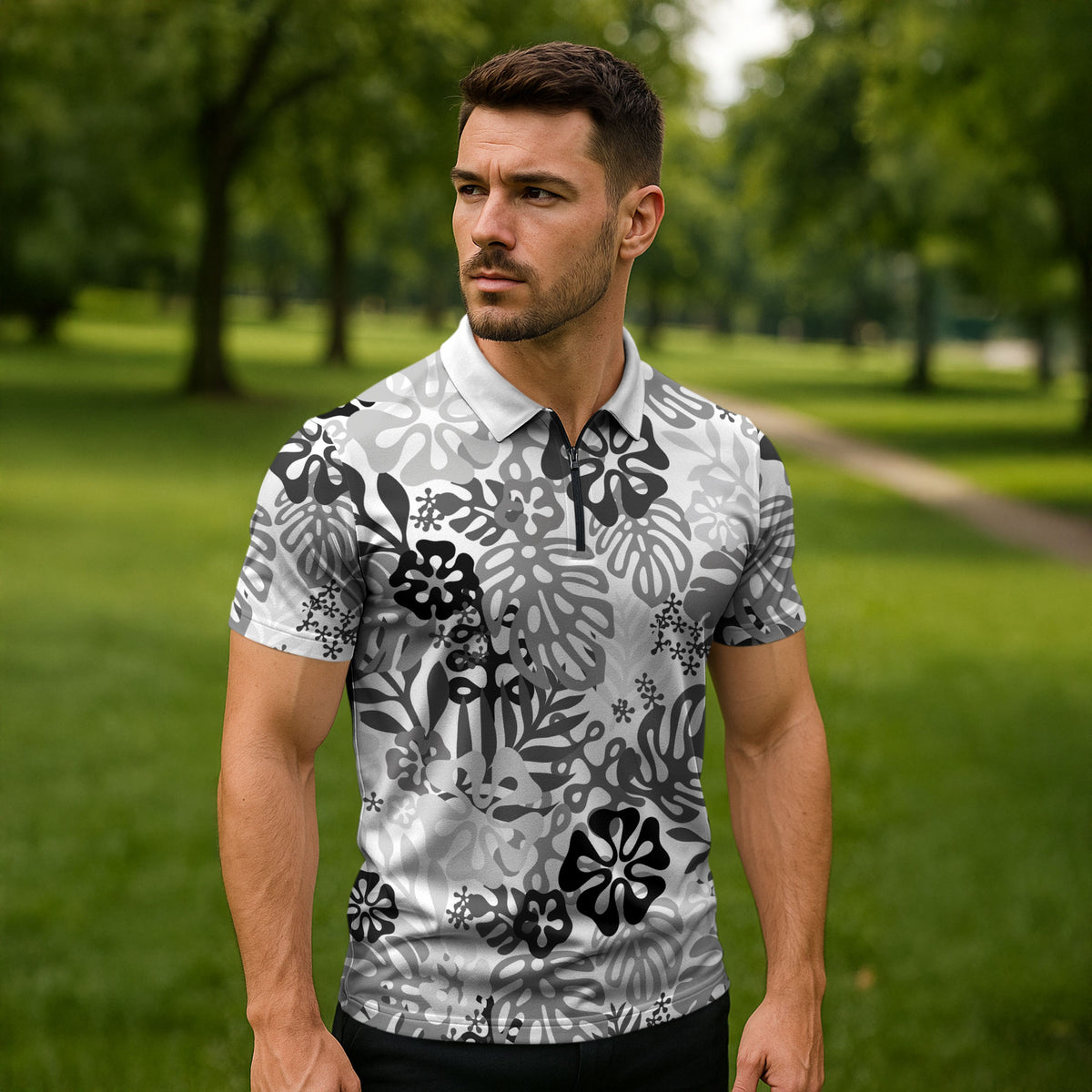 White Aloha Hawaiian Zipper Polo Shirt Monstera Hibiscus Tropical Pattern