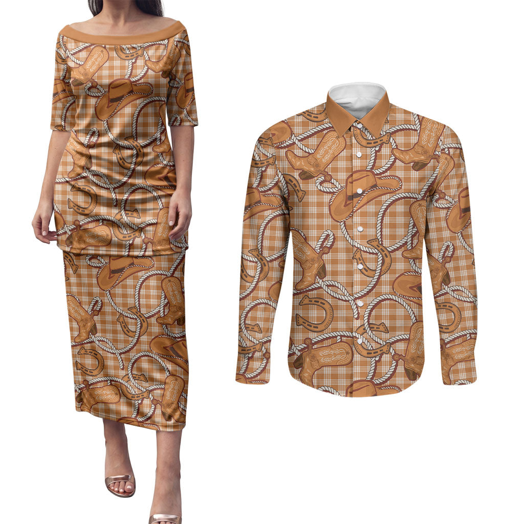 Brown Hawaii Palaka Cowboy Couples Matching Puletasi and Long Sleeve Button Shirt Hawaiian Paniolo Festival Spirit LT19 Brown - Polynesian Pride