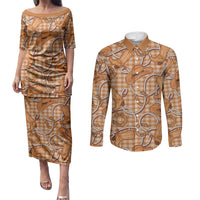 Brown Hawaii Palaka Cowboy Couples Matching Puletasi and Long Sleeve Button Shirt Hawaiian Paniolo Festival Spirit LT19 Brown - Polynesian Pride
