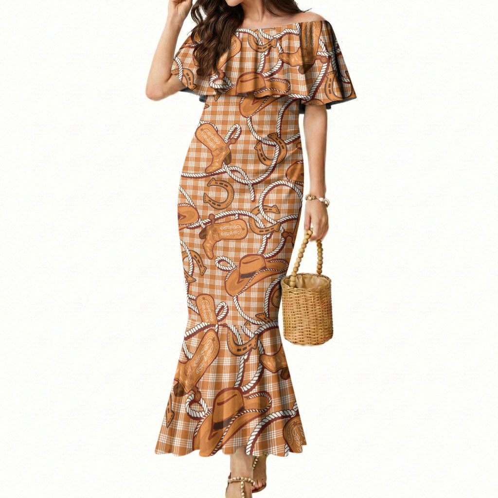 Brown Hawaii Palaka Cowboy Mermaid Dress Hawaiian Paniolo Festival Spirit LT19 Women Brown - Polynesian Pride