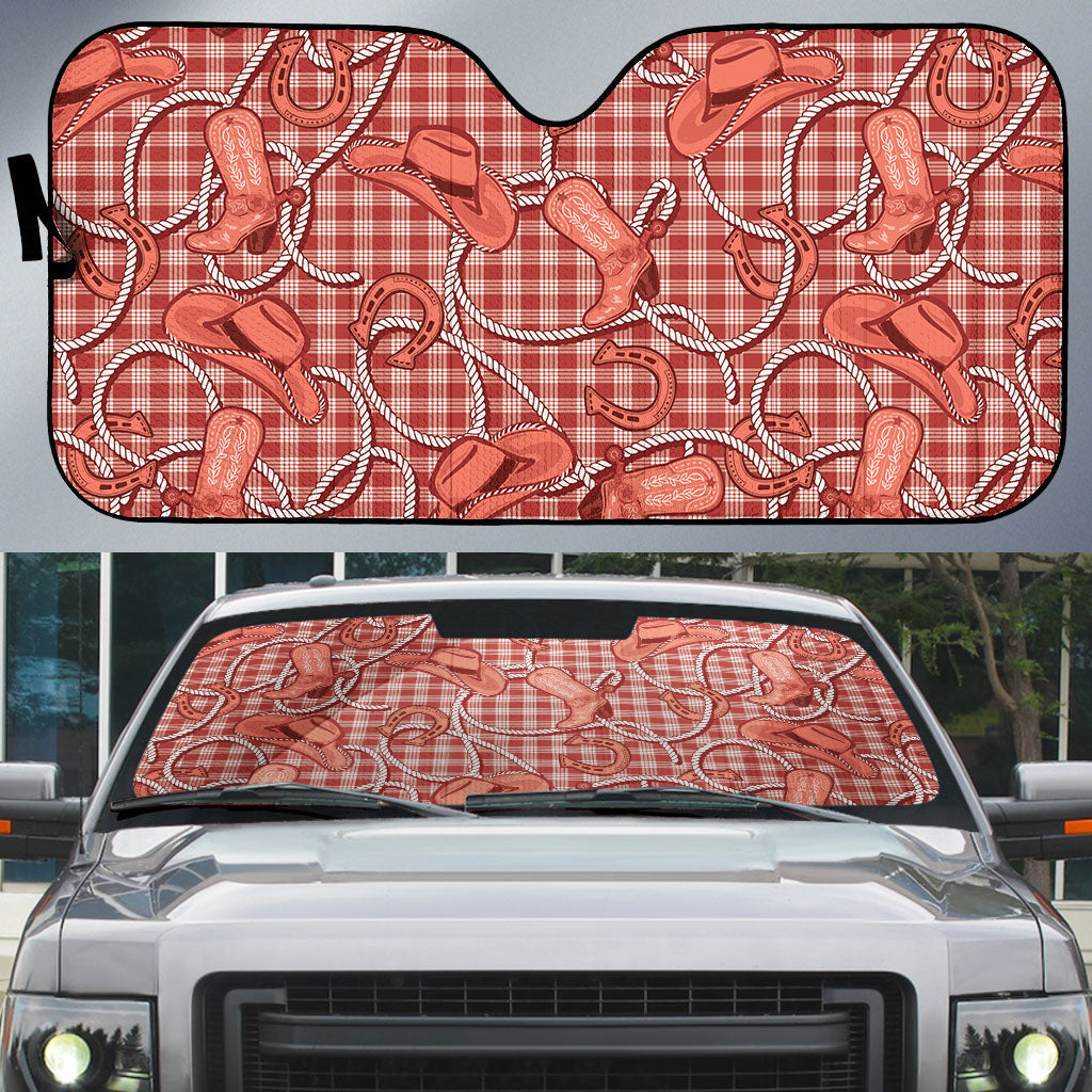 Red Hawaii Palaka Cowboy Auto Sun Shade Hawaiian Paniolo Festival Spirit LT19 Red - Polynesian Pride