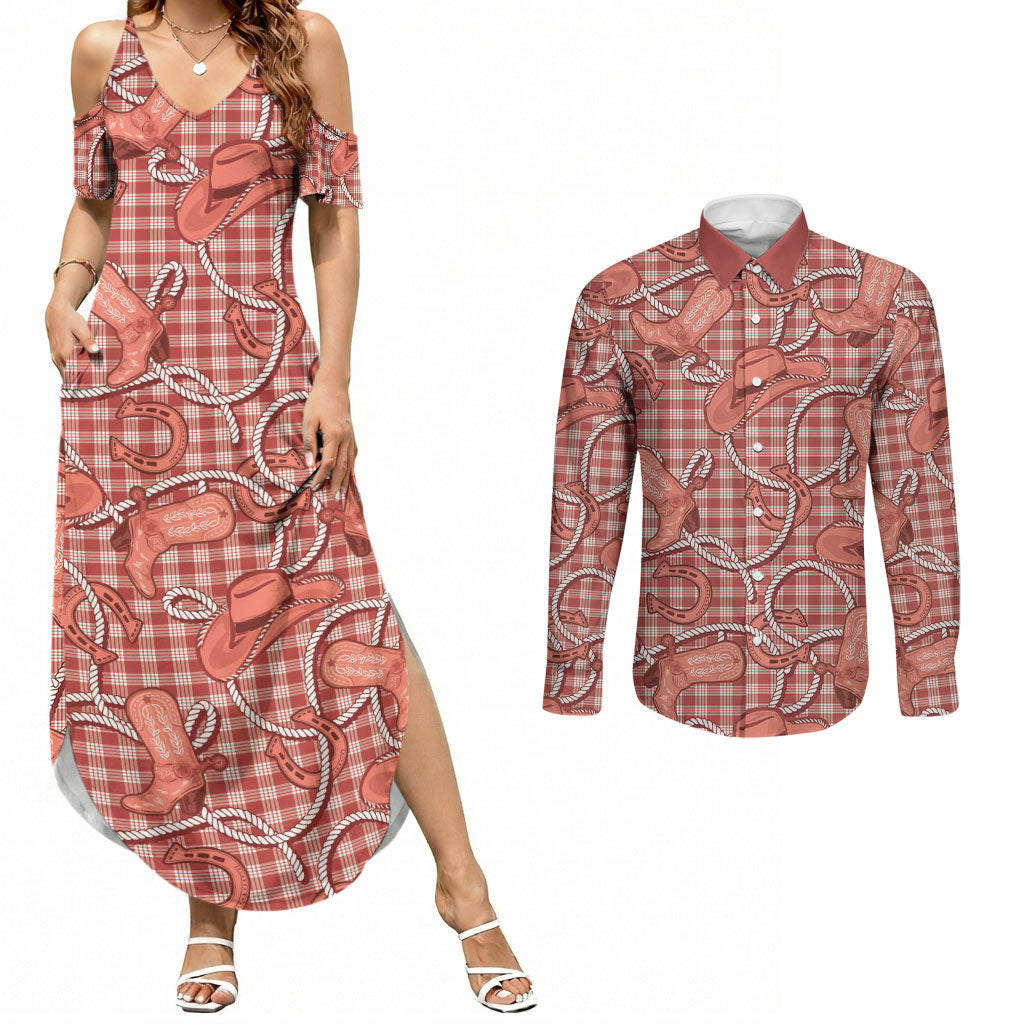 Red Hawaii Palaka Cowboy Couples Matching Summer Maxi Dress and Long Sleeve Button Shirt Hawaiian Paniolo Festival Spirit LT19 Red - Polynesian Pride