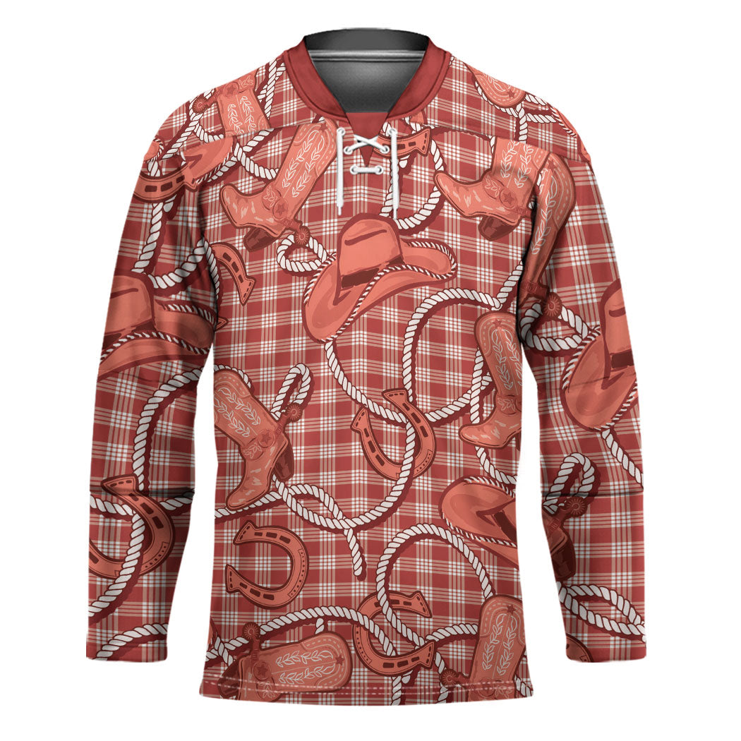 Red Hawaii Palaka Cowboy Hockey Jersey Hawaiian Paniolo Festival Spirit LT19 Unisex Red - Polynesian Pride