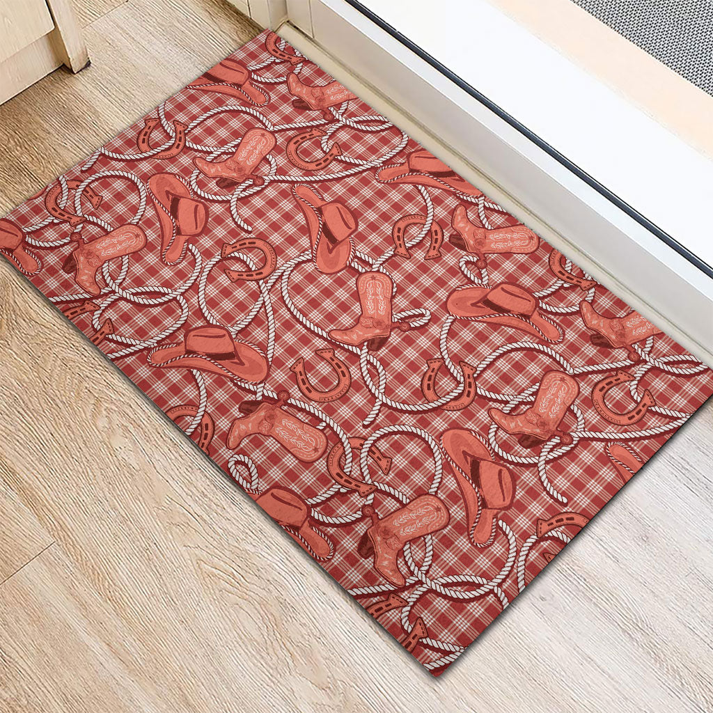 Red Hawaii Palaka Cowboy Rubber Doormat Hawaiian Paniolo Festival Spirit LT19 - Polynesian Pride