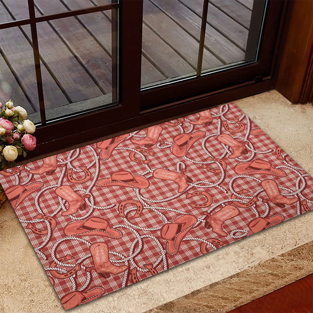 Red Hawaii Palaka Cowboy Rubber Doormat Hawaiian Paniolo Festival Spirit LT19 - Polynesian Pride