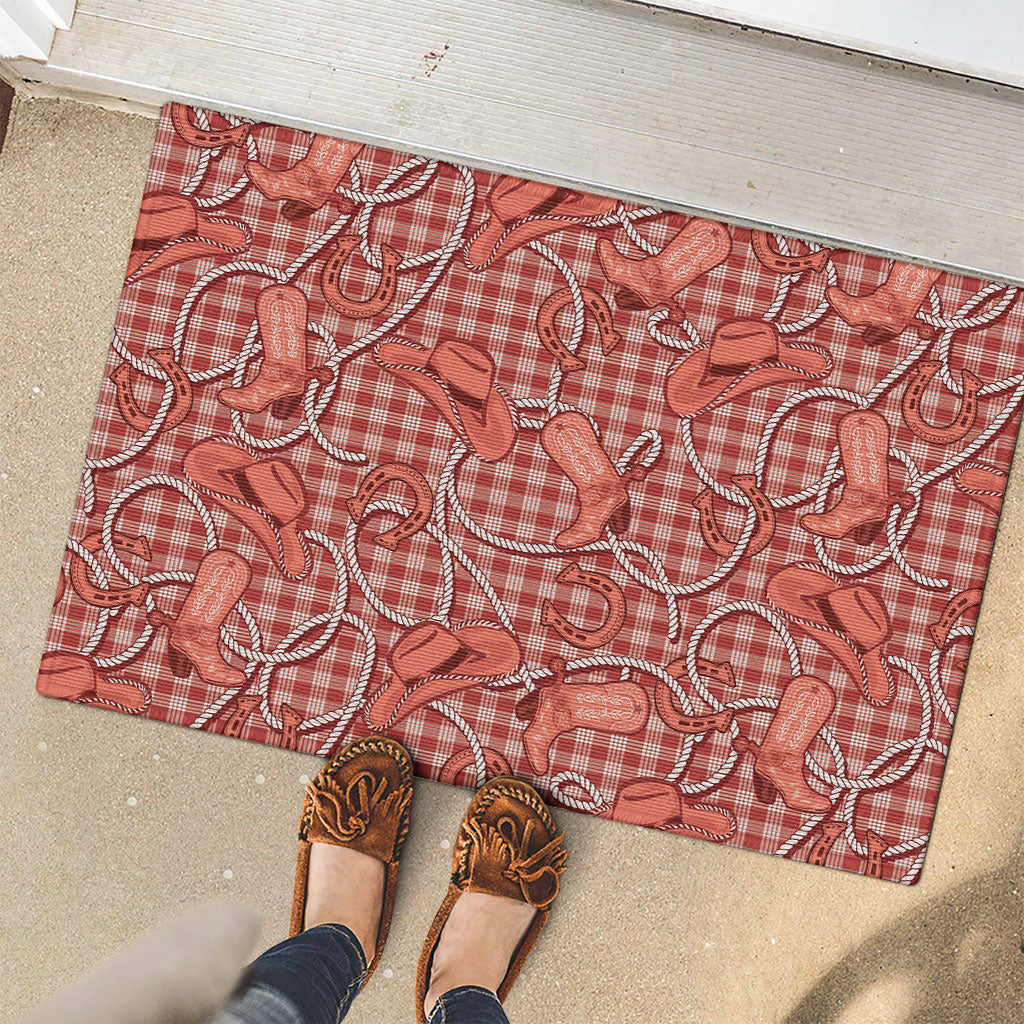 Red Hawaii Palaka Cowboy Rubber Doormat Hawaiian Paniolo Festival Spirit LT19 - Polynesian Pride