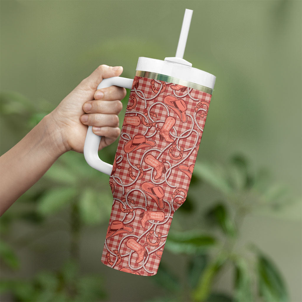 Red Hawaii Palaka Cowboy Tumbler With Handle Hawaiian Paniolo Festival Spirit LT19 - Polynesian Pride