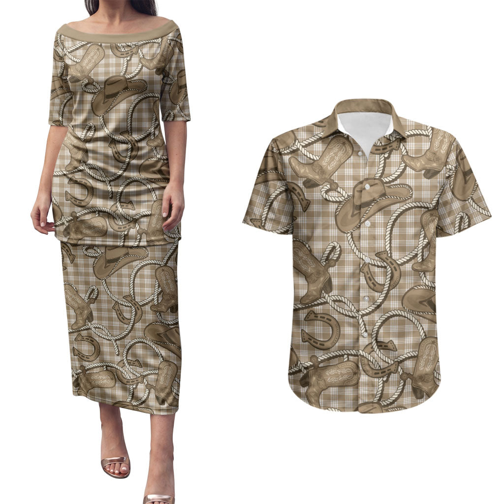 Beige Hawaii Palaka Cowboy Couples Matching Puletasi and Hawaiian Shirt Hawaiian Paniolo Festival Spirit LT19 Beige - Polynesian Pride
