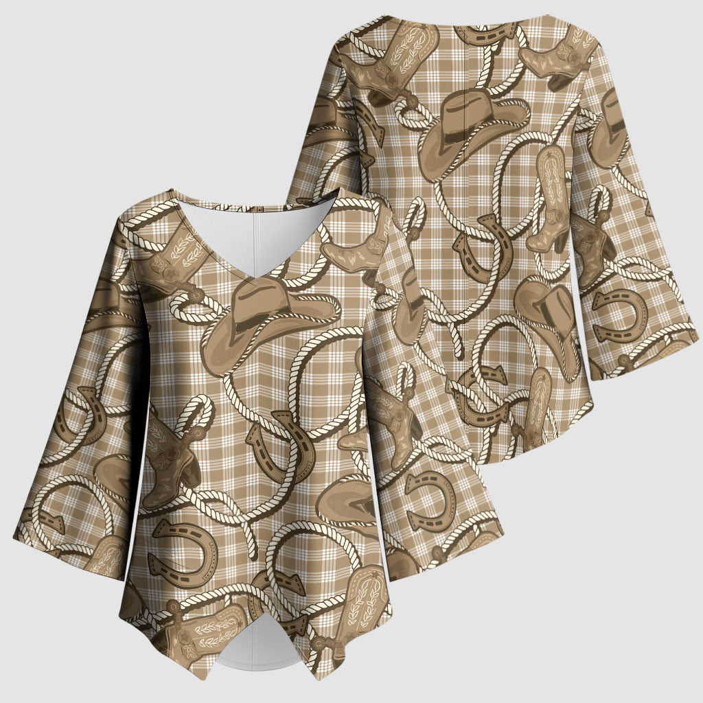 Beige Hawaii Palaka Cowboy Kimono Sleeve Blouse Hawaiian Paniolo Festival Spirit LT19 - Polynesian Pride