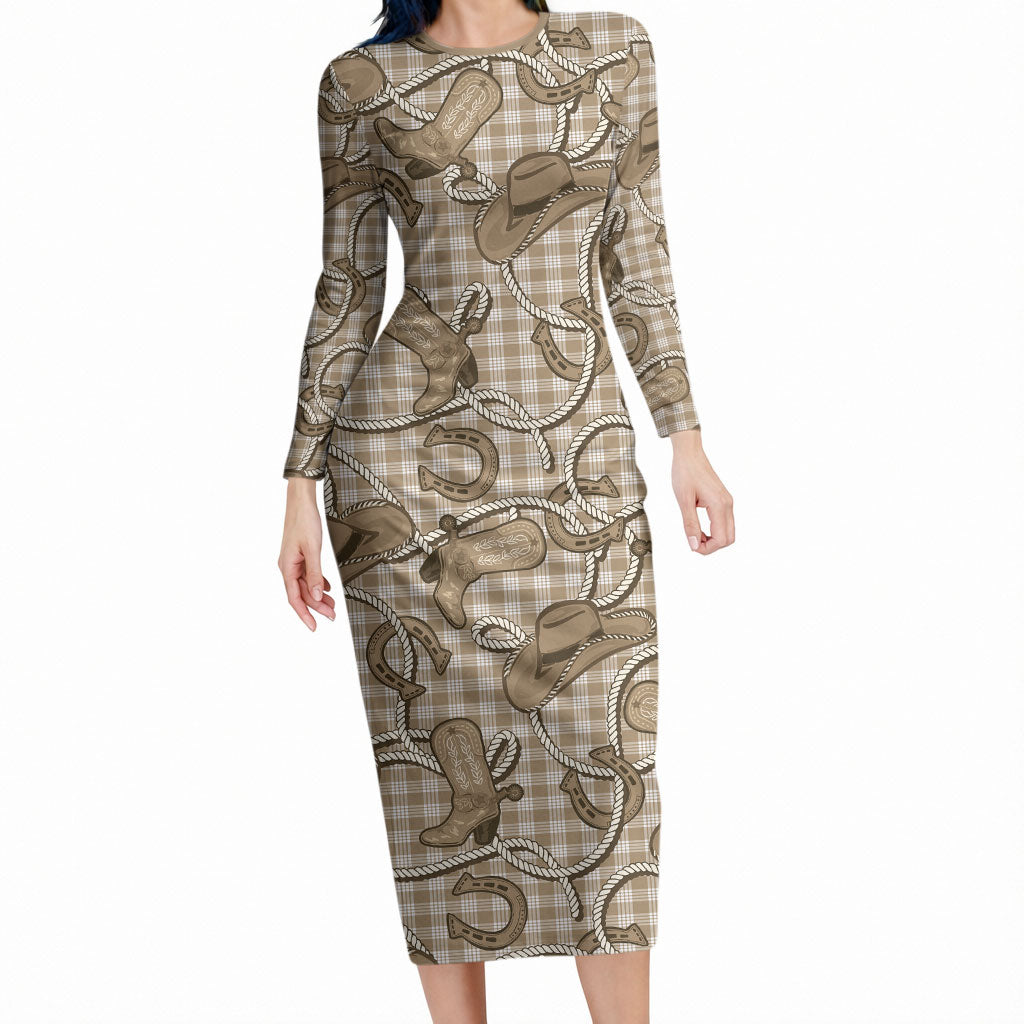 Beige Hawaii Palaka Cowboy Long Sleeve Bodycon Dress Hawaiian Paniolo Festival Spirit LT19 Long Dress Beige - Polynesian Pride