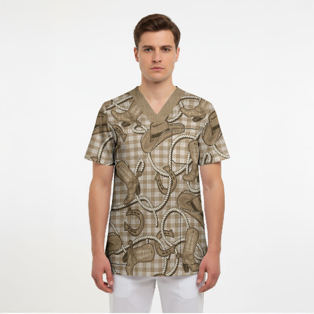 Beige Hawaii Palaka Cowboy Scrub Top Hawaiian Paniolo Festival Spirit LT19 - Polynesian Pride