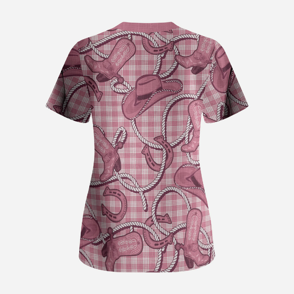 Pink Hawaii Palaka Cowboy Scrub Top Hawaiian Paniolo Festival Spirit LT19 - Polynesian Pride