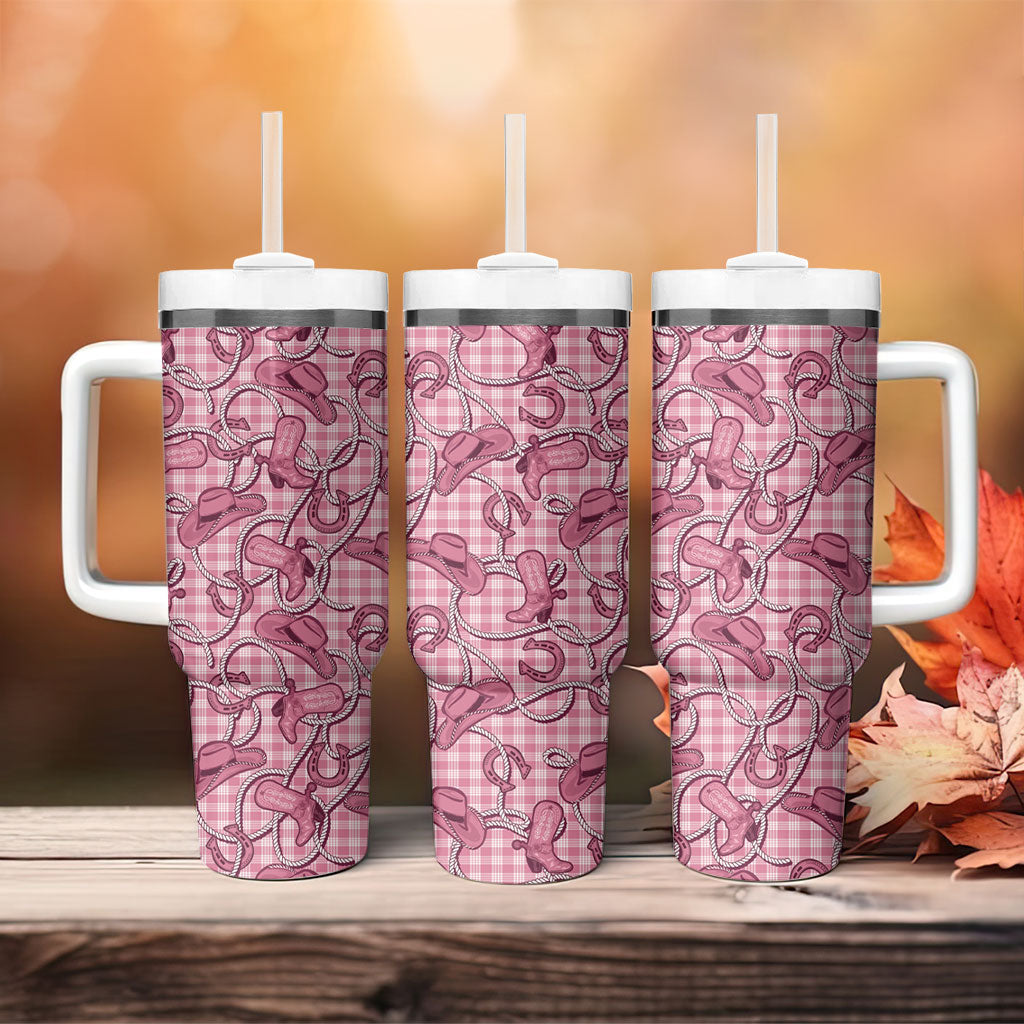 Pink Hawaii Palaka Cowboy Tumbler With Handle Hawaiian Paniolo Festival Spirit LT19 - Polynesian Pride
