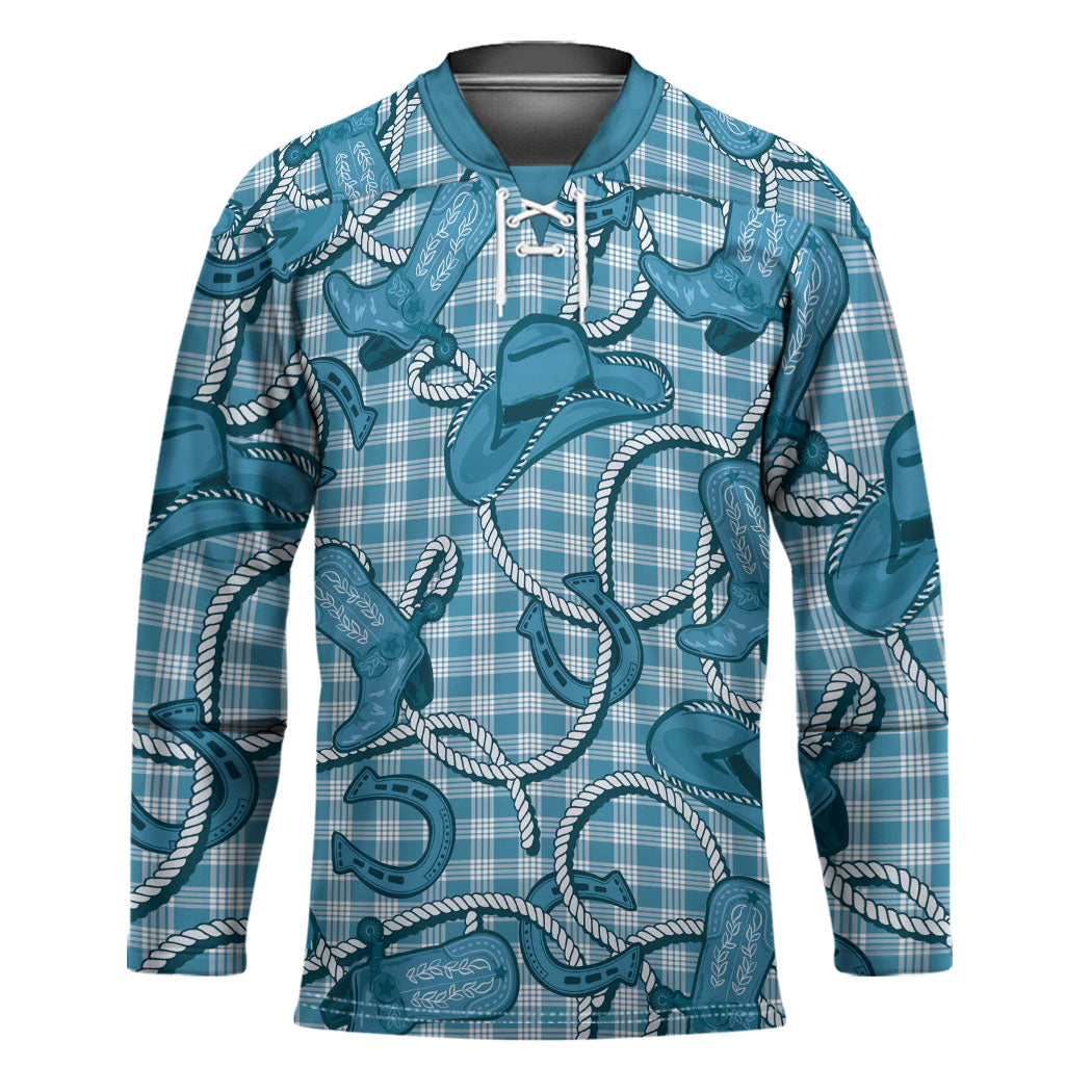 Blue Hawaii Palaka Cowboy Hockey Jersey Hawaiian Paniolo Festival Spirit LT19 Unisex Blue - Polynesian Pride