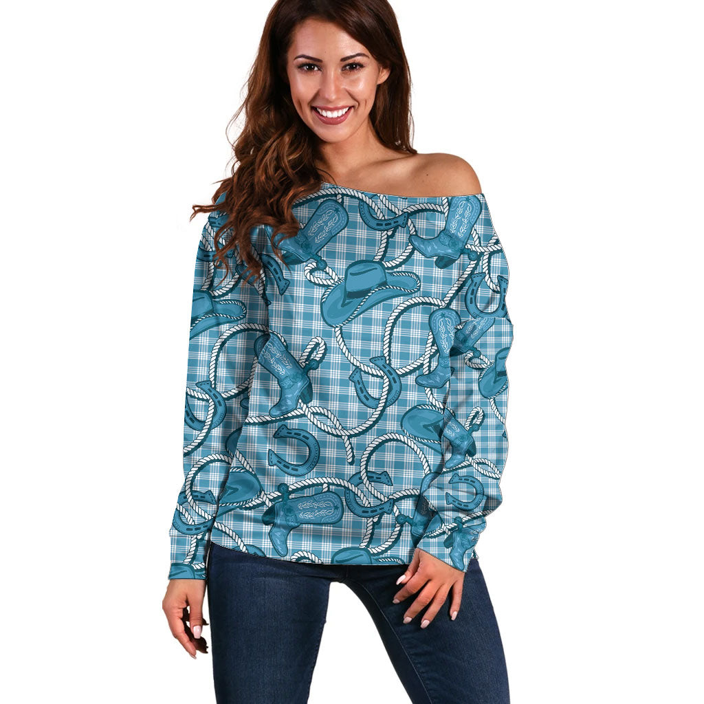 Blue Hawaii Palaka Cowboy Off Shoulder Sweater Hawaiian Paniolo Festival Spirit LT19 Women Blue - Polynesian Pride