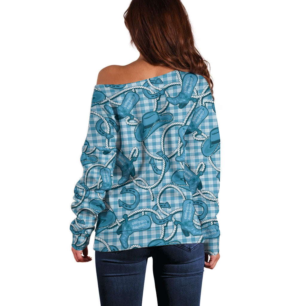 Blue Hawaii Palaka Cowboy Off Shoulder Sweater Hawaiian Paniolo Festival Spirit LT19 - Polynesian Pride