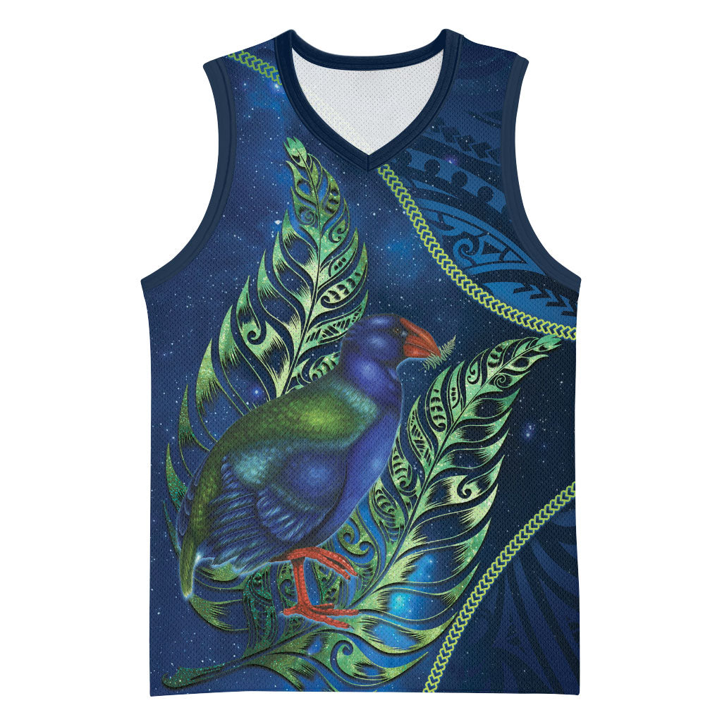 New Zealand Takahe Personalised Basketball Jersey Silver Fern Galaxy Polynesian Pattern